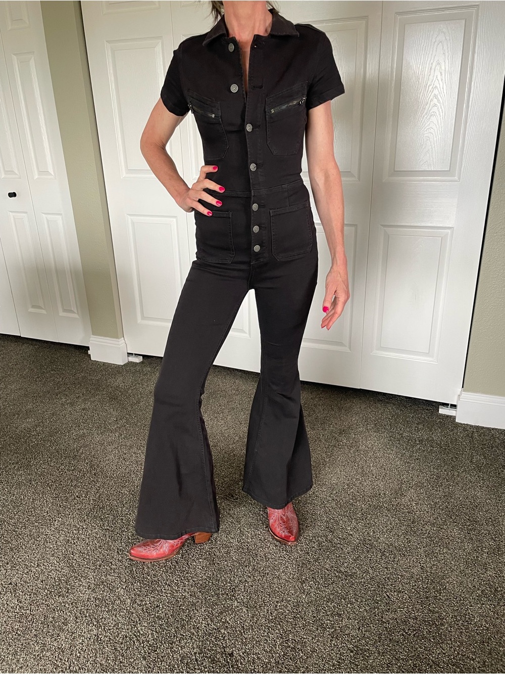 Free People Black Boot Cut Denim Jumpsuit with Button Front